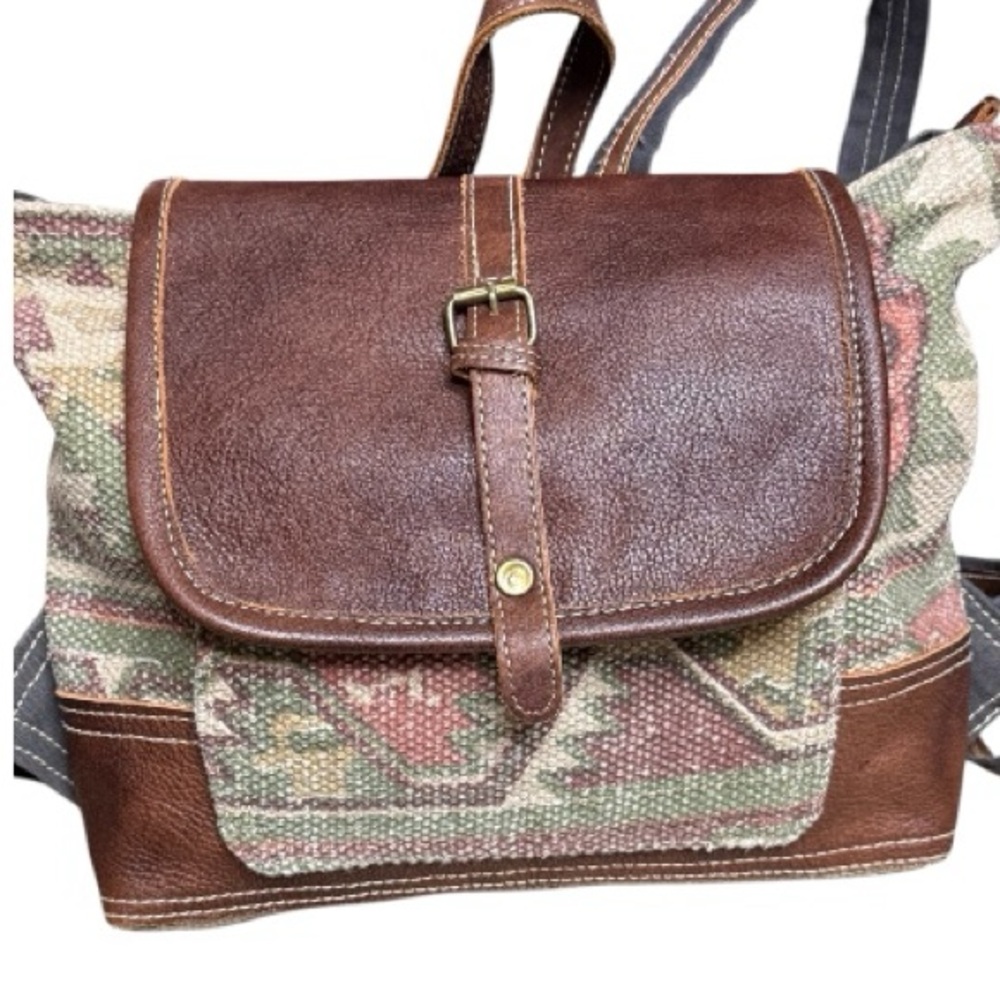 Myra Bag Leather Upcycled Canvas Western Southwestern Backpack Purse